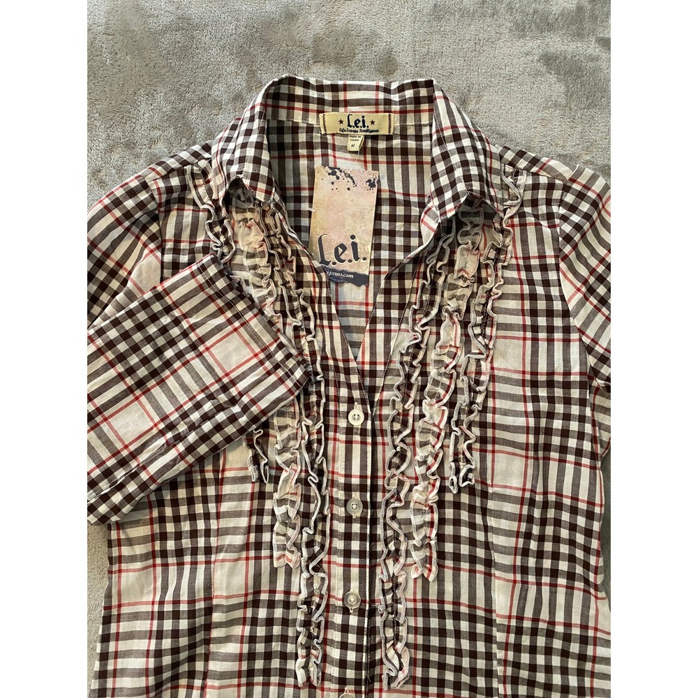L.E.I. Top Sz M Brown Plaid Ruffle V-Neck 3/4 Sleeve Cotton Western Cowgirl NOS